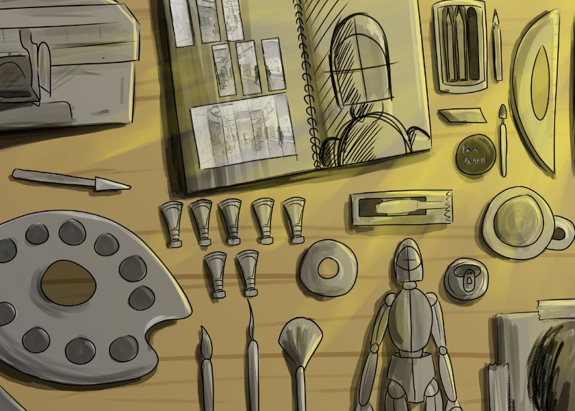 A wooden desk with art supplies: a sketchbook with drawings, palette, brushes, model figure, and drawing tools. Warm light casts soft shadows.