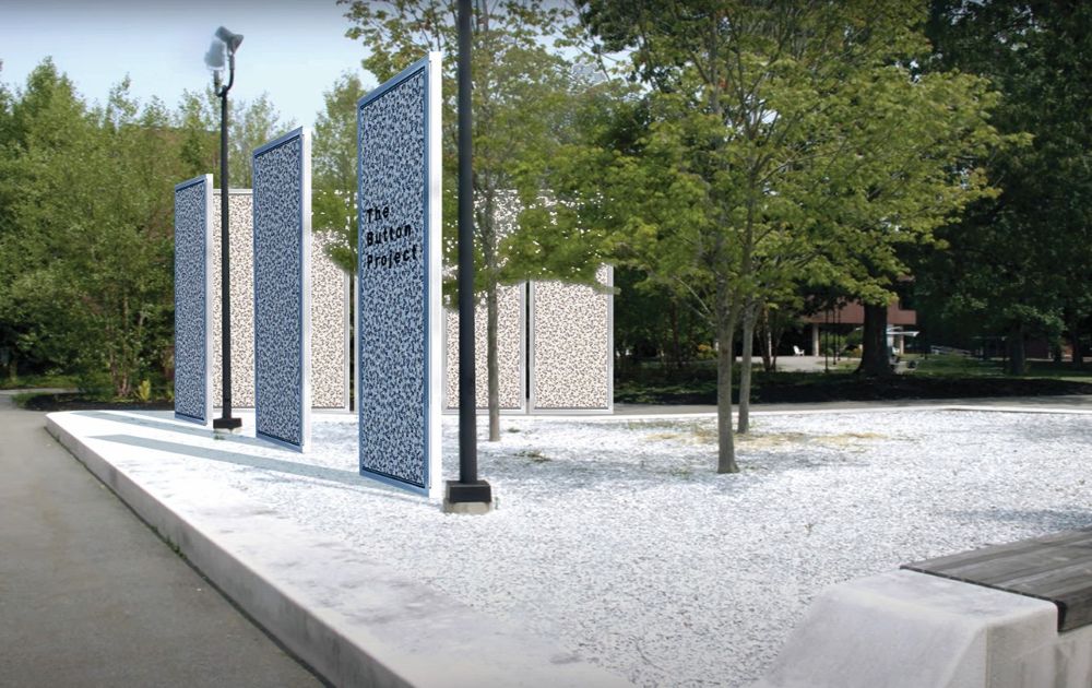 A rendering of what will become The Button Project, featuring buttons displayed in large glass panels.