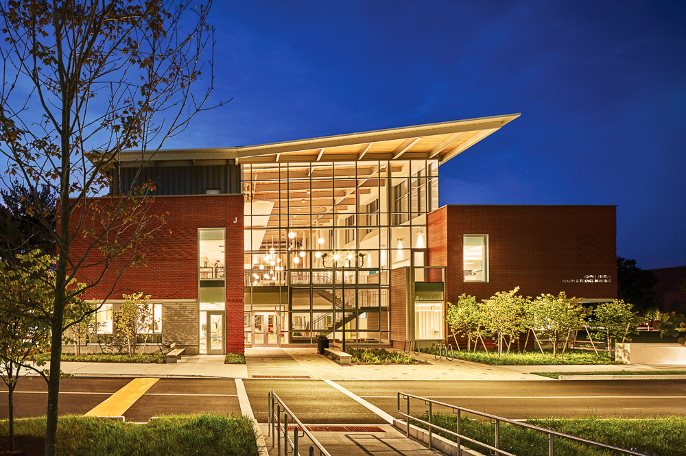 John J. Sbrega Health and Science Building at Bristol Community College, at dusk.